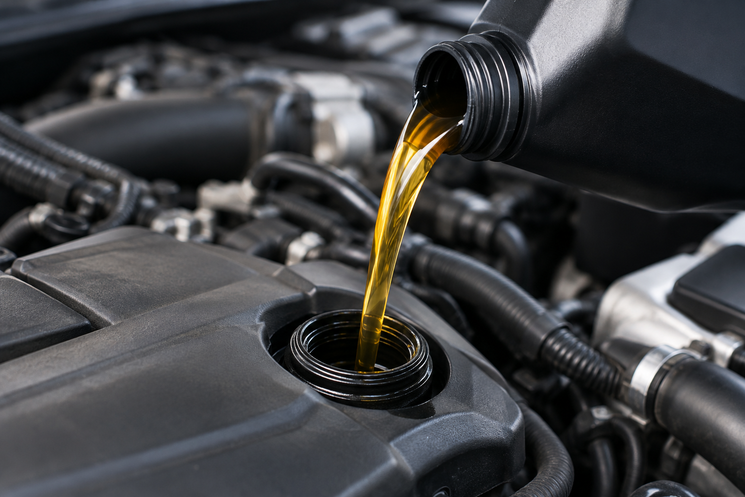 Golden motor oil being poured into a car engine